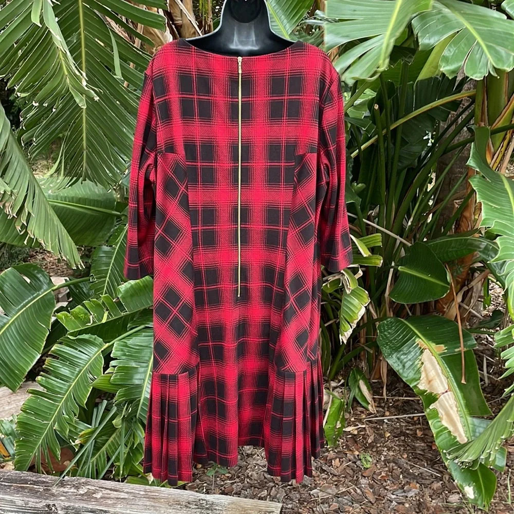 Tahari pleated plaid drop waist dress